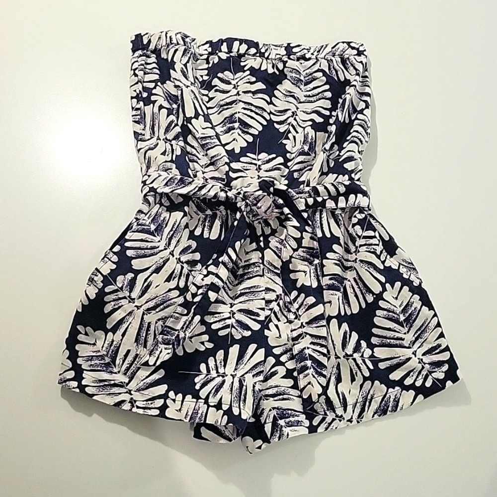 Banana Republic Navy and White Strapless Leaf-Print Romper